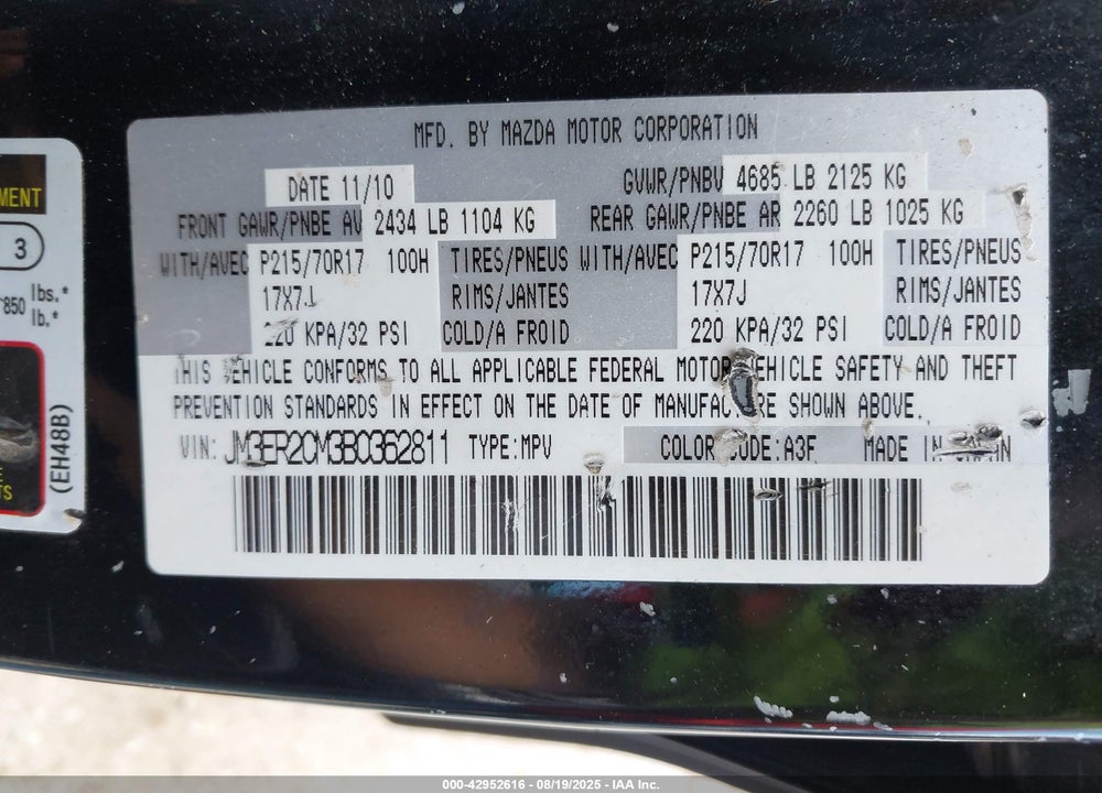 2011 MAZDA CX-7 VIN: JM3ER2CM3B0362811
