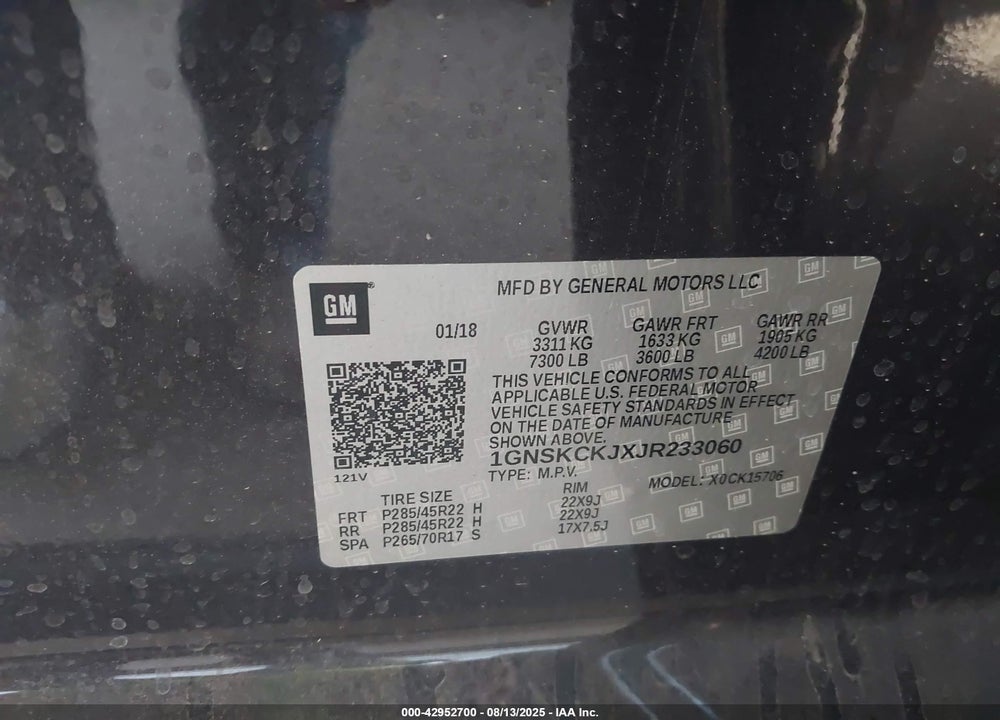 2018 CHEVROLET TAHOE VIN: 1GNSKCKJXJR233060