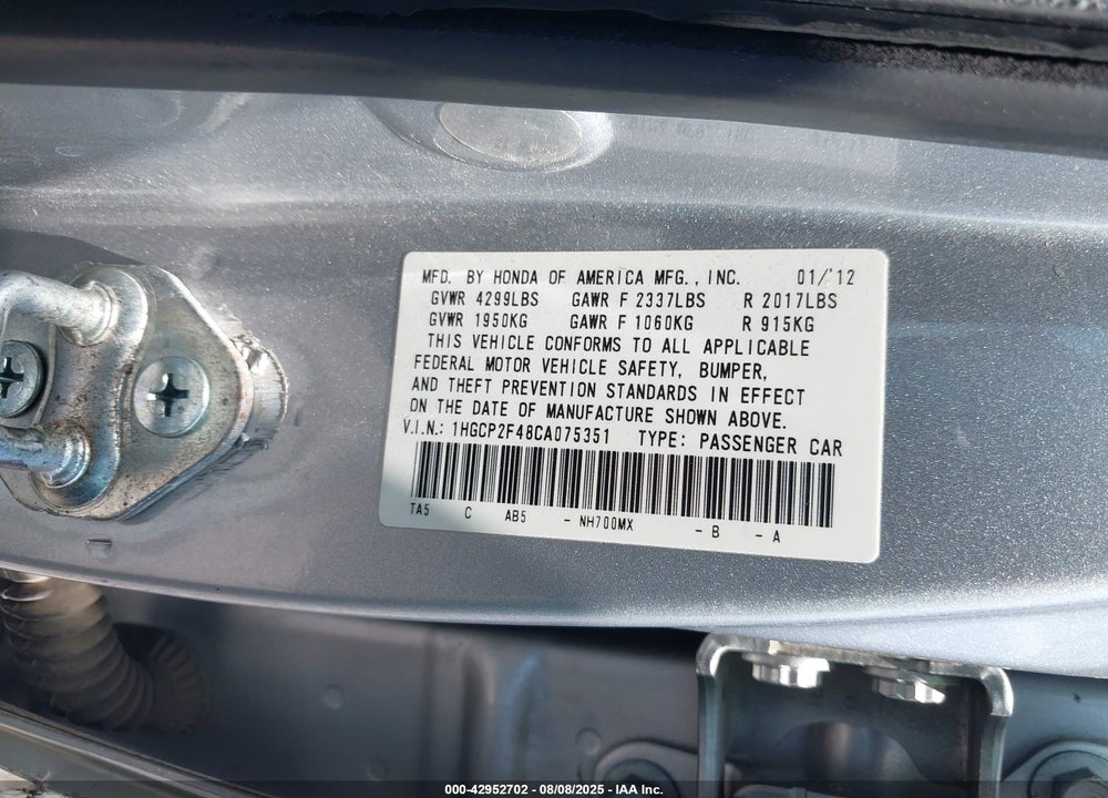 2012 HONDA ACCORD VIN: 1HGCP2F48CA075351