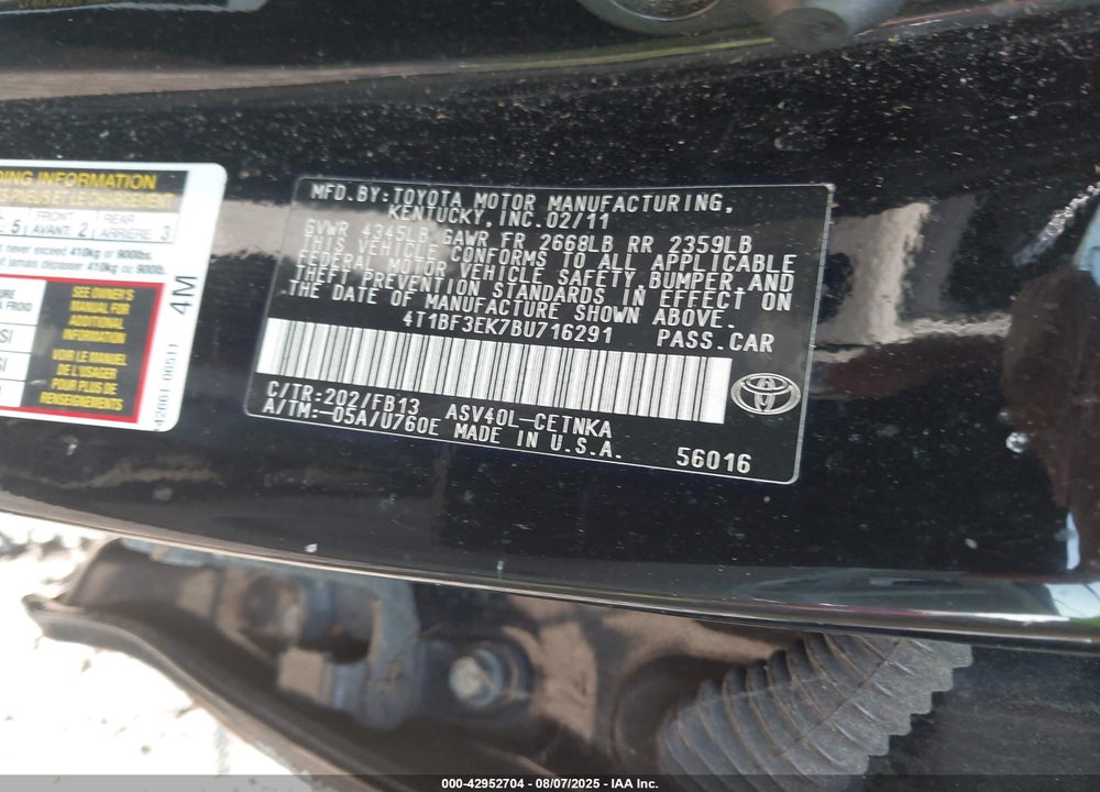 2011 TOYOTA CAMRY VIN: 4T1BF3EK7BU716291