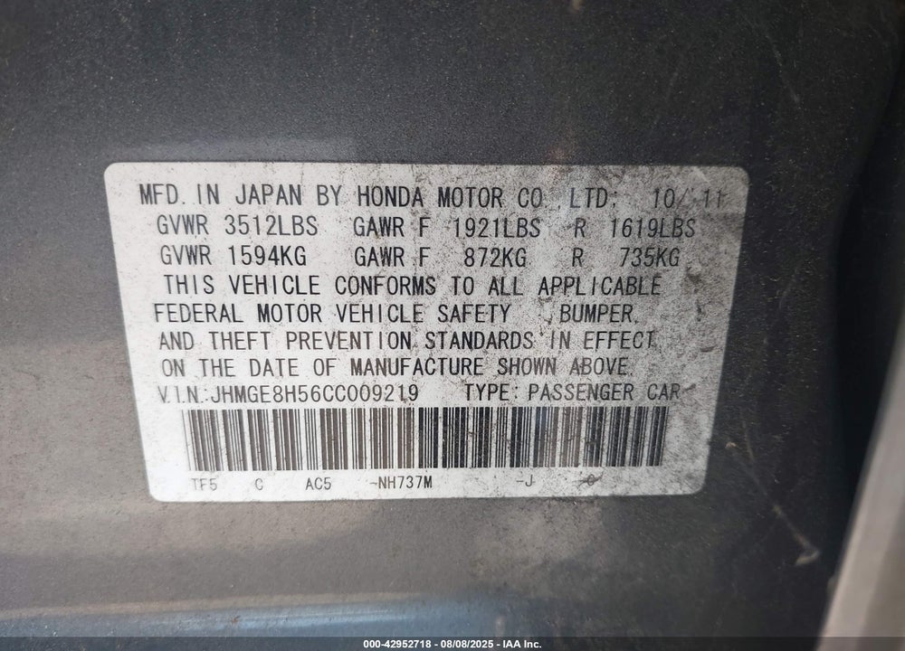 2012 HONDA FIT VIN: JHMGE8H56CC009219