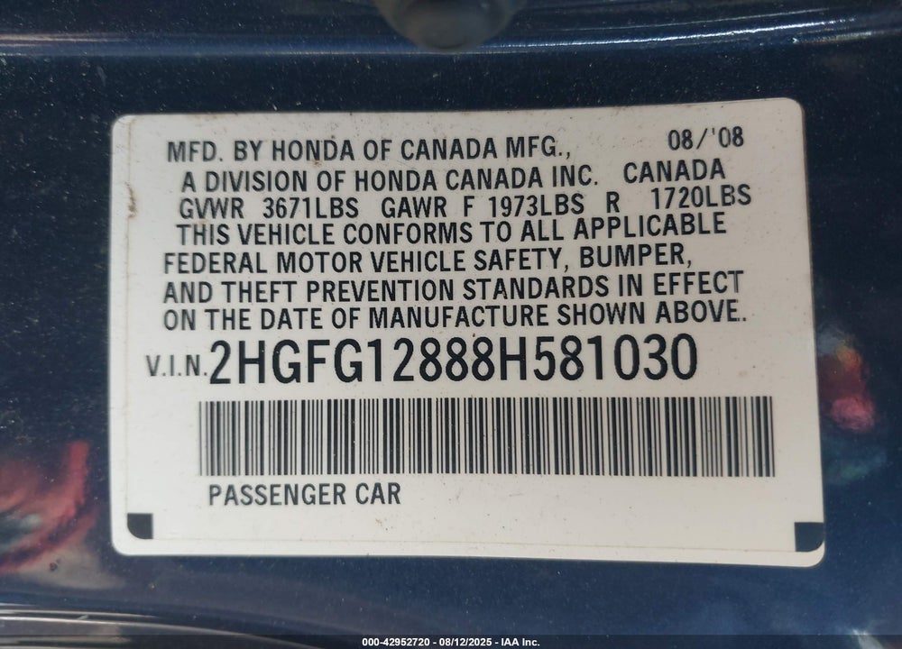 2008 HONDA CIVIC EX VIN: 2HGFG12888H581030