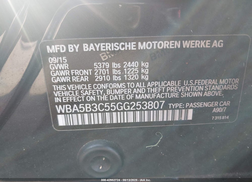 2016 BMW 535I XDRIVE VIN: WBA5B3C55GG253807