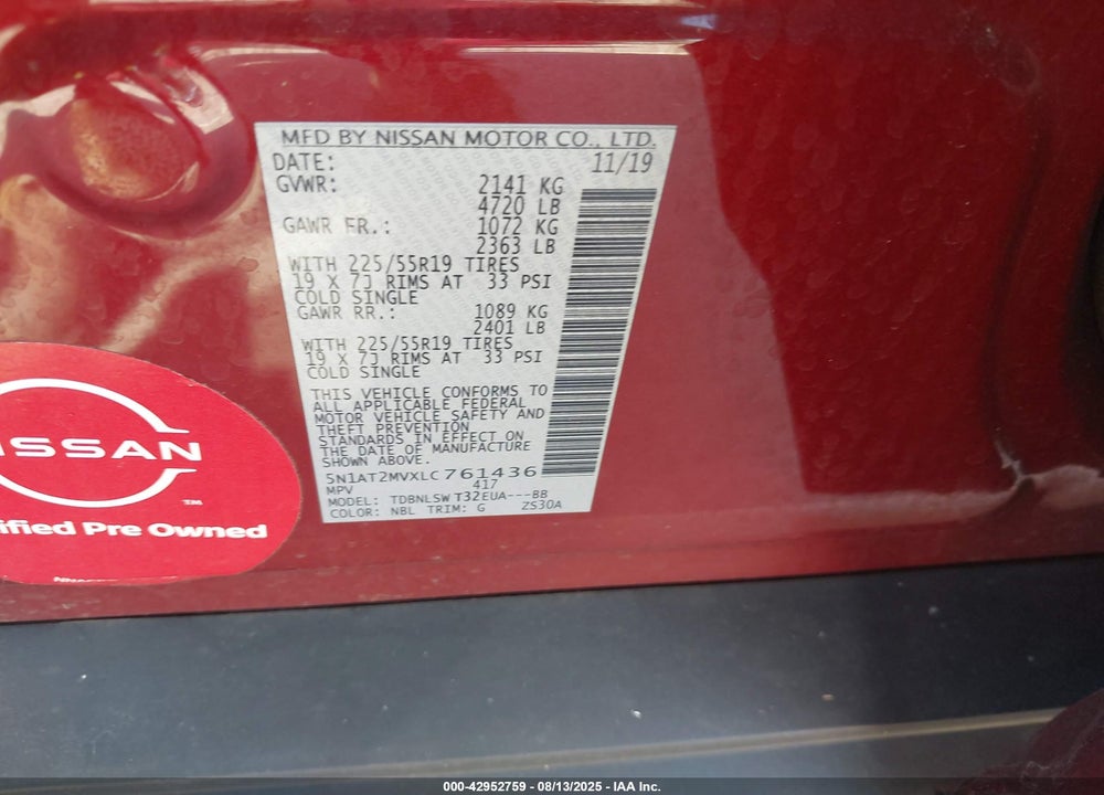 2020 NISSAN ROGUE SL INTELLIGENT AWD VIN: 5N1AT2MVXLC761436