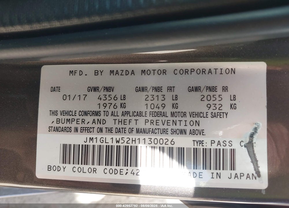 2017 MAZDA 6 VIN: JM1GL1W52H1130026
