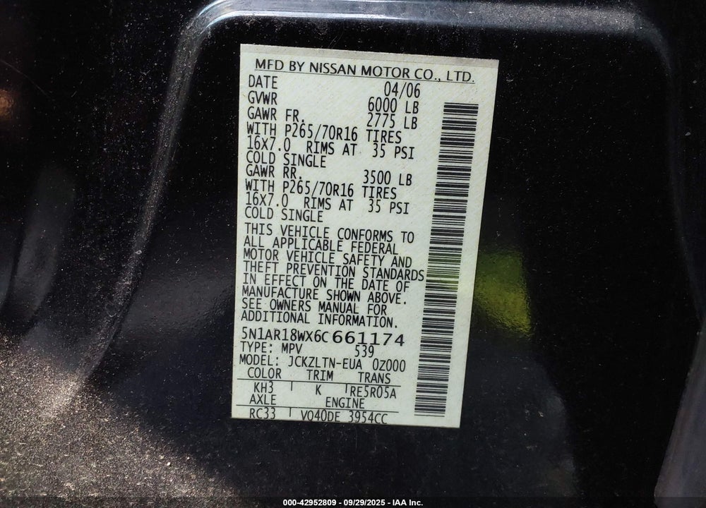 2006 NISSAN PATHFINDER SE VIN: 5N1AR18WX6C661174