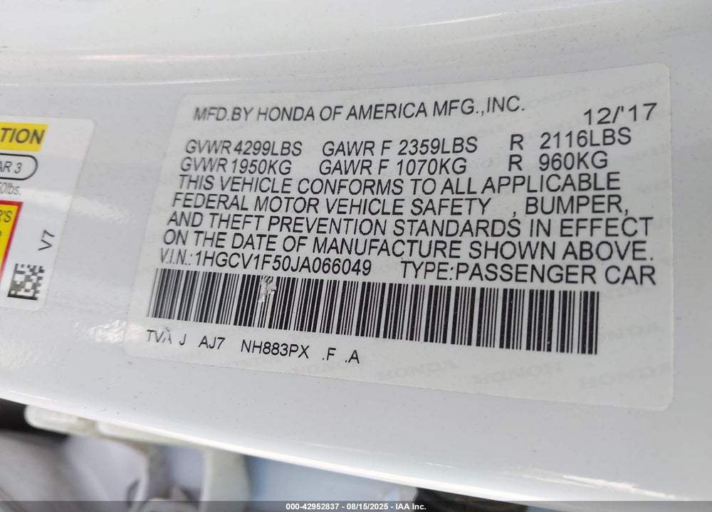 2018 HONDA ACCORD VIN: 1HGCV1F50JA066049