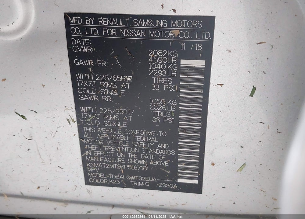 2019 NISSAN ROGUE SV VIN: KNMAT2MT9KP516718