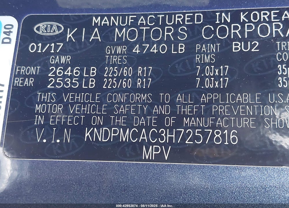 2017 KIA SPORTAGE LX VIN: KNDPMCAC3H7257816