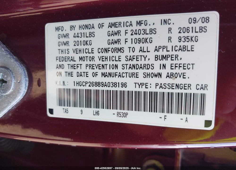 2009 HONDA ACCORD 2.4 EX-L VIN: 1HGCP26889A038196