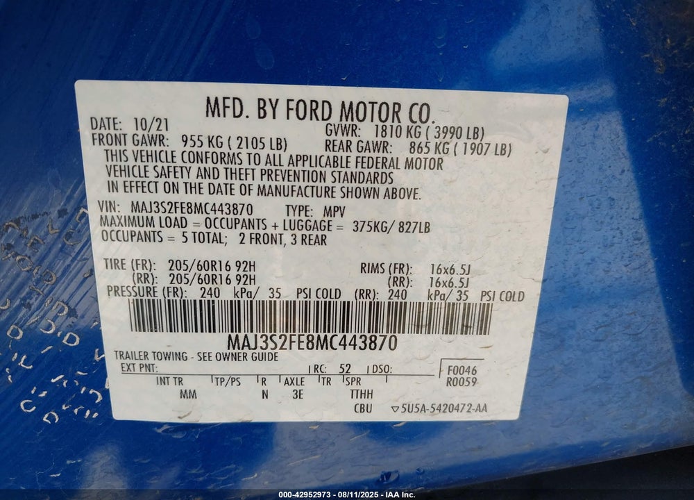 2021 FORD ECOSPORT VIN: MAJ3S2FE8MC443870