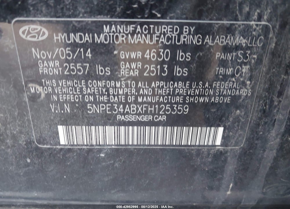 2015 HYUNDAI SONATA LIMITED 2.0T VIN: 5NPE34ABXFH125359