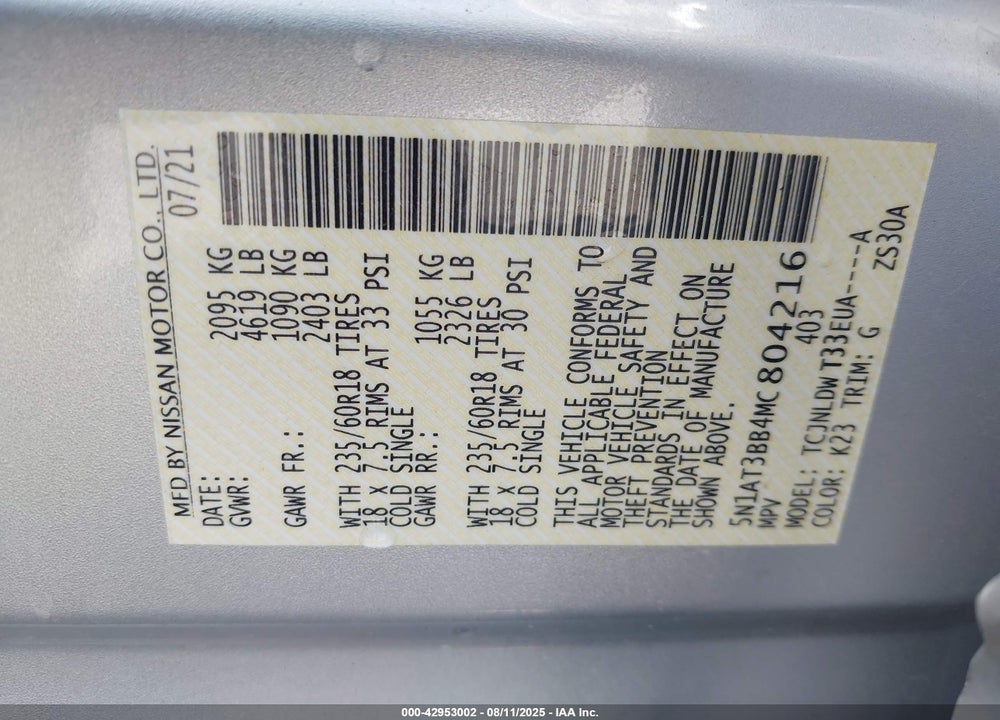 2021 NISSAN ROGUE VIN: 5N1AT3BB4MC804216