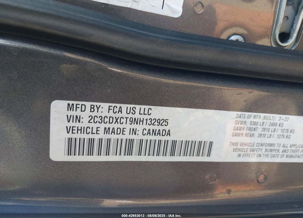 2022 DODGE CHARGER VIN: 2C3CDXCT9NH132925
