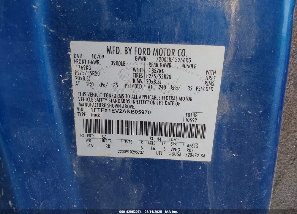 2010 FORD F-150 VIN: 1FTFX1EV2AKB05970