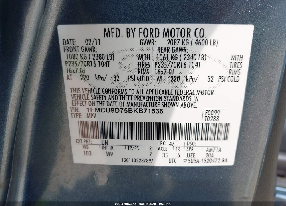 2011 FORD ESCAPE VIN: 1FMCU9D75BKB71536