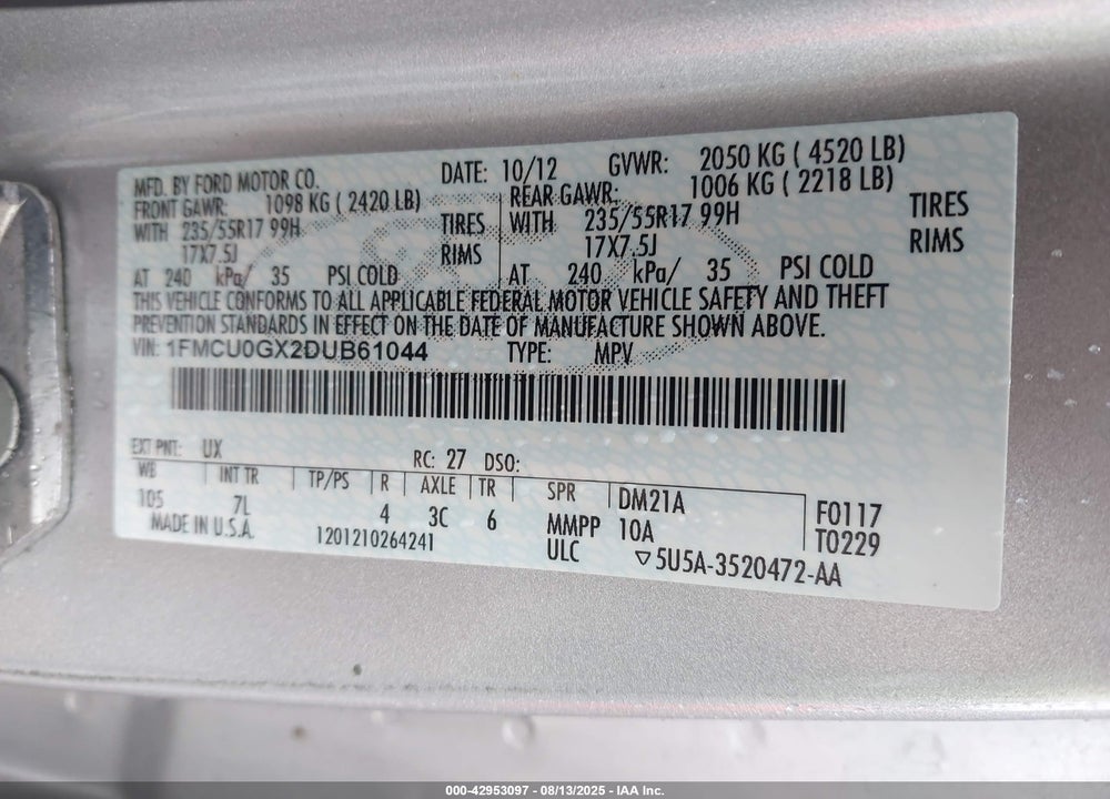 2013 FORD ESCAPE VIN: 1FMCU0GX2DUB61044