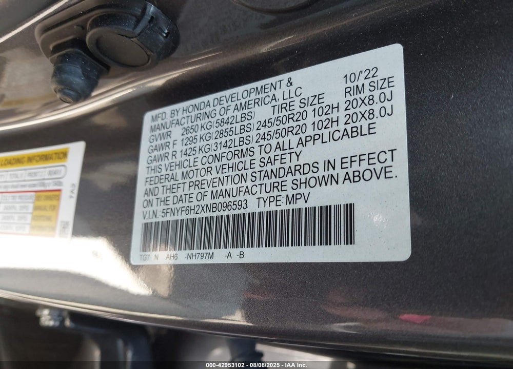2022 HONDA PILOT VIN: 5FNYF6H2XNB096593