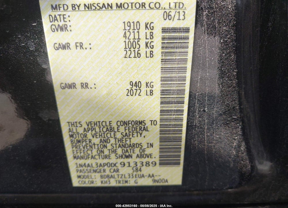 2013 NISSAN ALTIMA VIN: 1N4AL3AP0DC913389