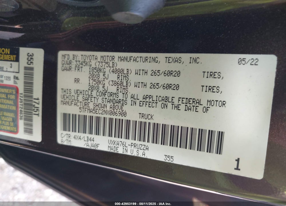 2022 TOYOTA TUNDRA 1794 EDITION VIN: 5TFMA5EC2NX006900