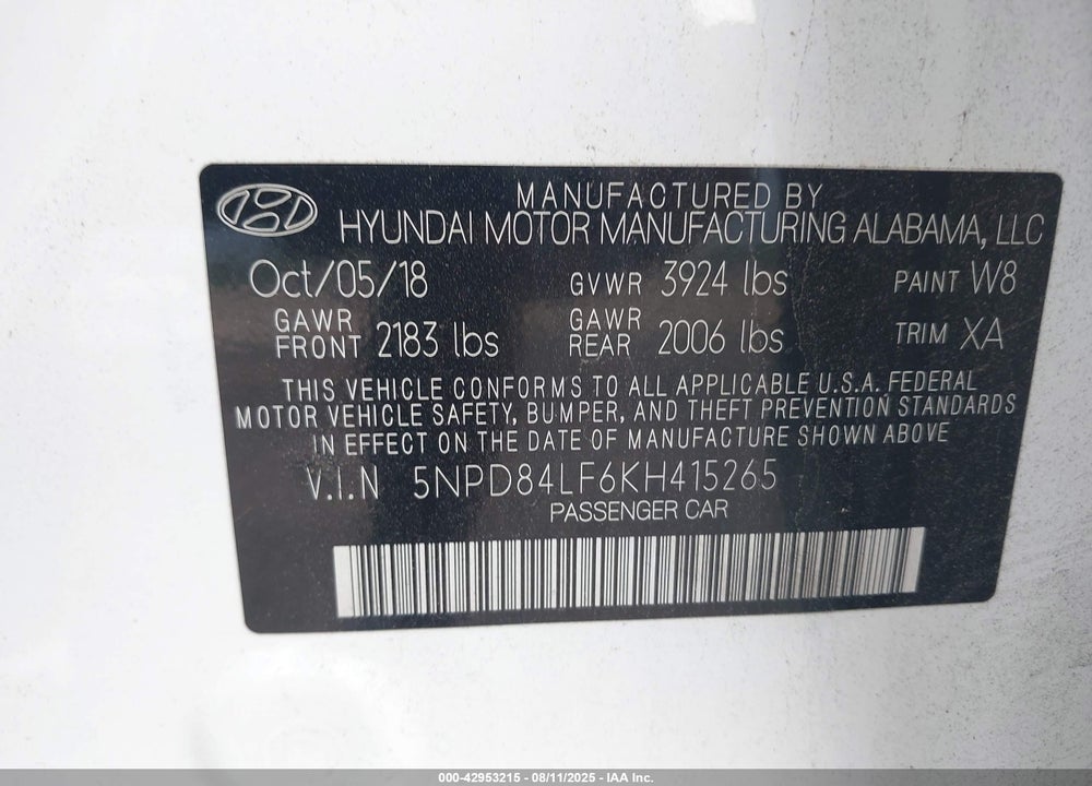 2019 HYUNDAI ELANTRA SEL VIN: 5NPD84LF6KH415265