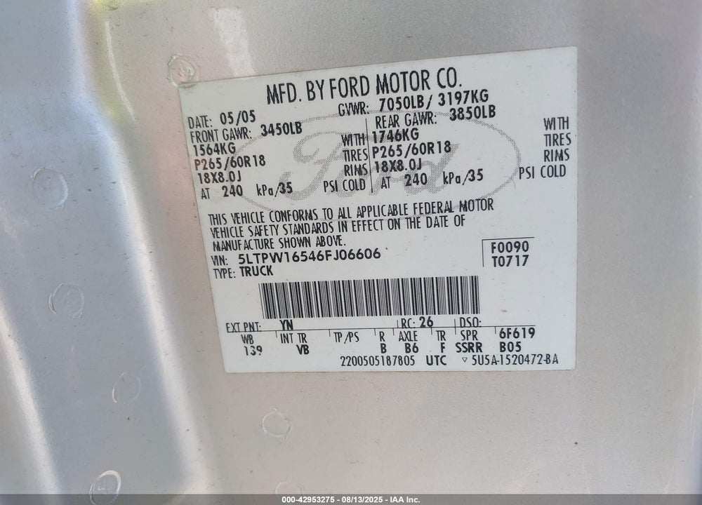 2006 LINCOLN MARK LT VIN: 5LTPW16546FJ06606