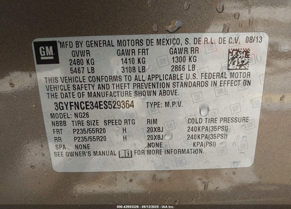 2014 CADILLAC SRX VIN: 3GYFNCE34ES529364