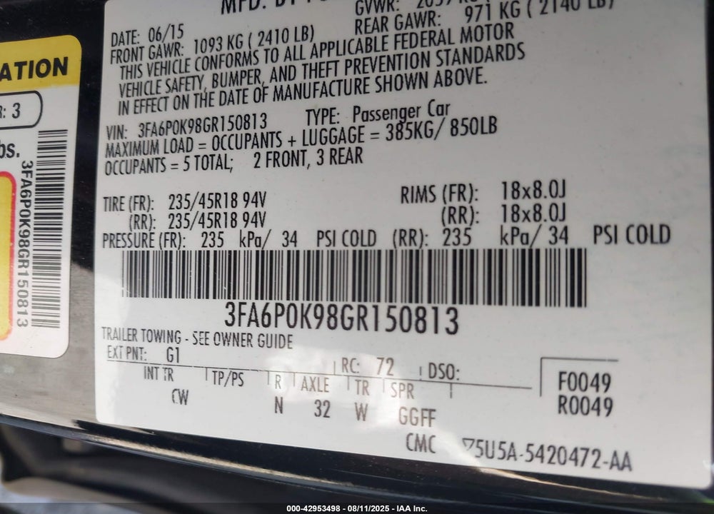 2016 FORD FUSION VIN: 3FA6P0K98GR150813