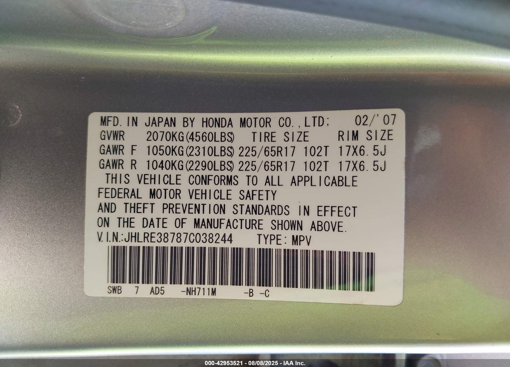2007 HONDA CR-V EX-L VIN: JHLRE38787C038244