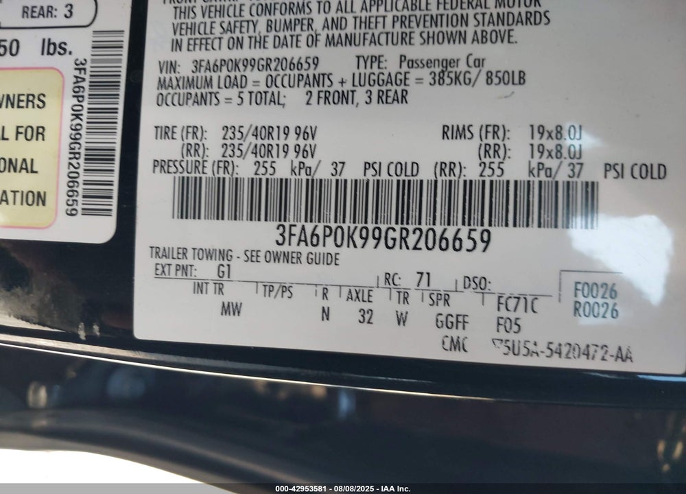 2016 FORD FUSION TITANIUM VIN: 3FA6P0K99GR206659