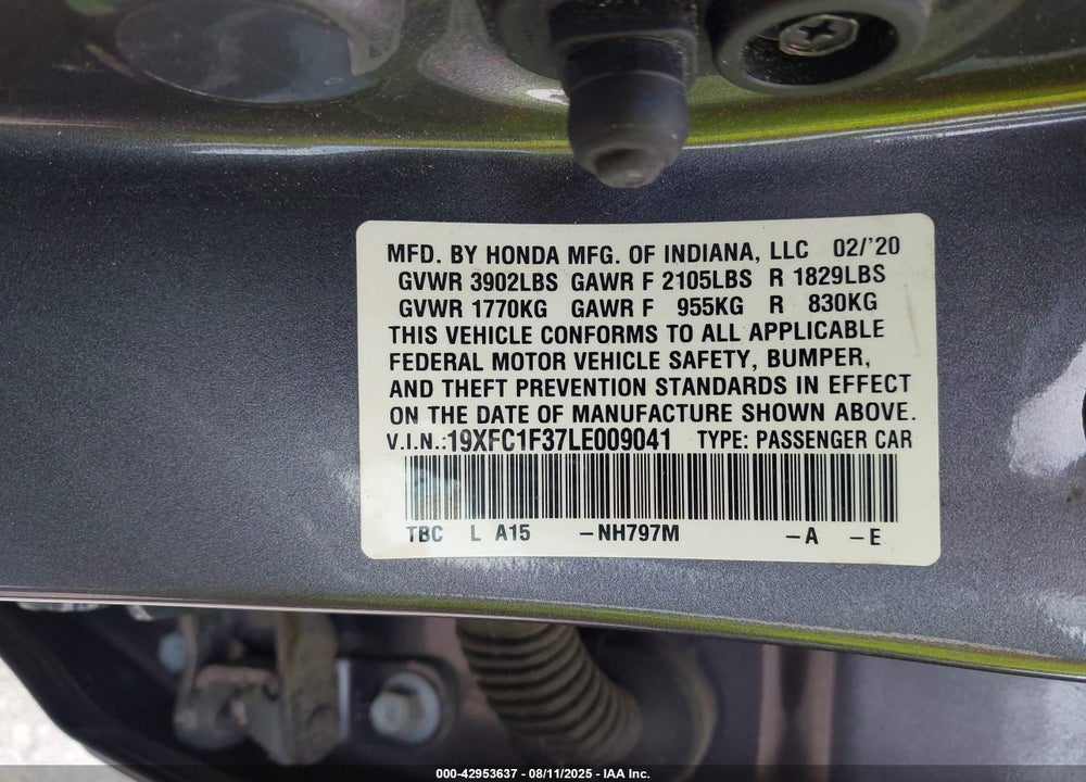 2020 HONDA CIVIC VIN: 19XFC1F37LE009041
