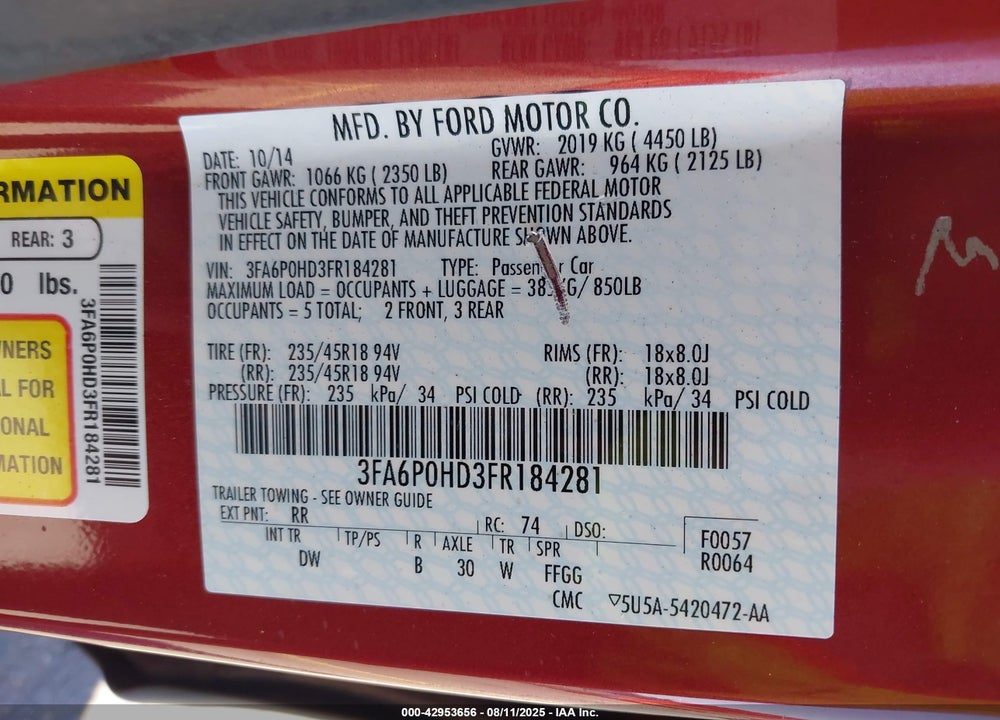 2015 FORD FUSION VIN: 3FA6P0HD3FR184281