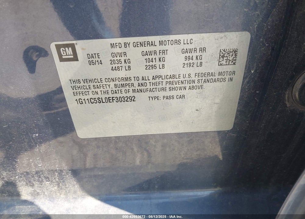 2014 CHEVROLET MALIBU VIN: 1G11C5SL0EF303292