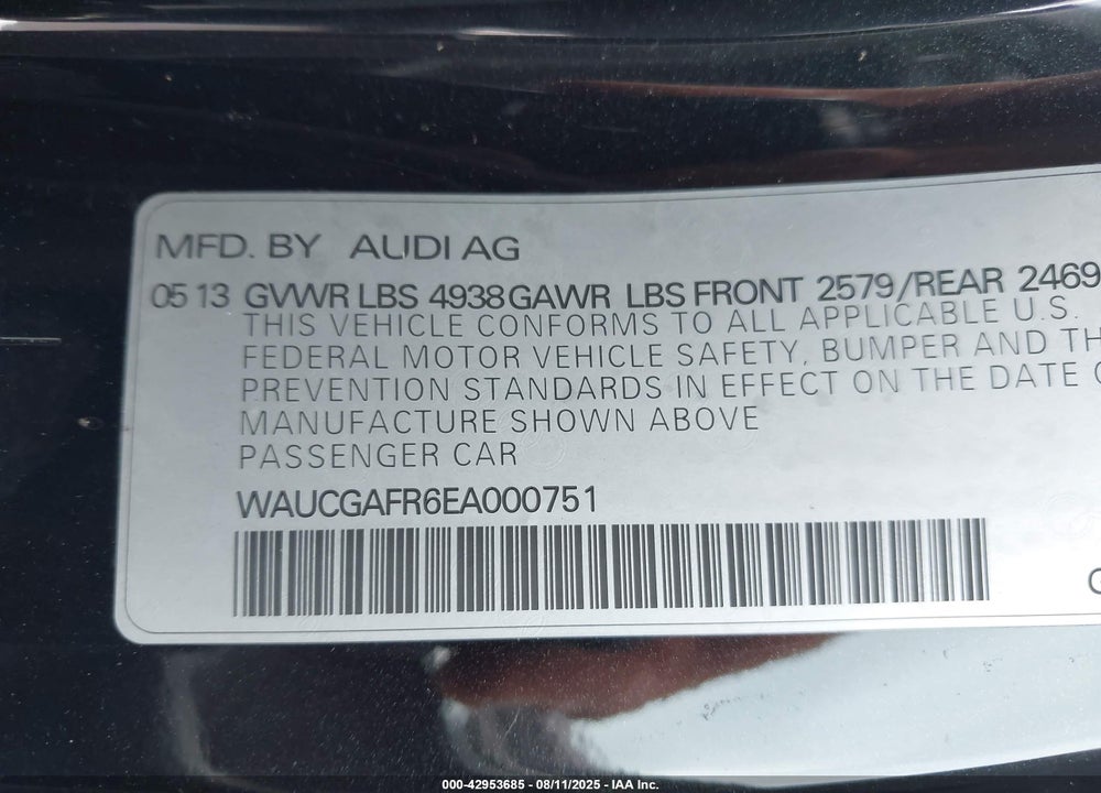 2014 AUDI S5 VIN: WAUCGAFR6EA000751