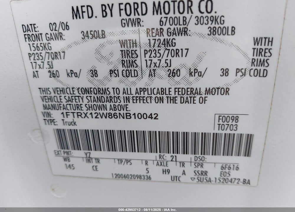 2006 FORD F-150 STX/XL/XLT VIN: 1FTRX12W86NB10042