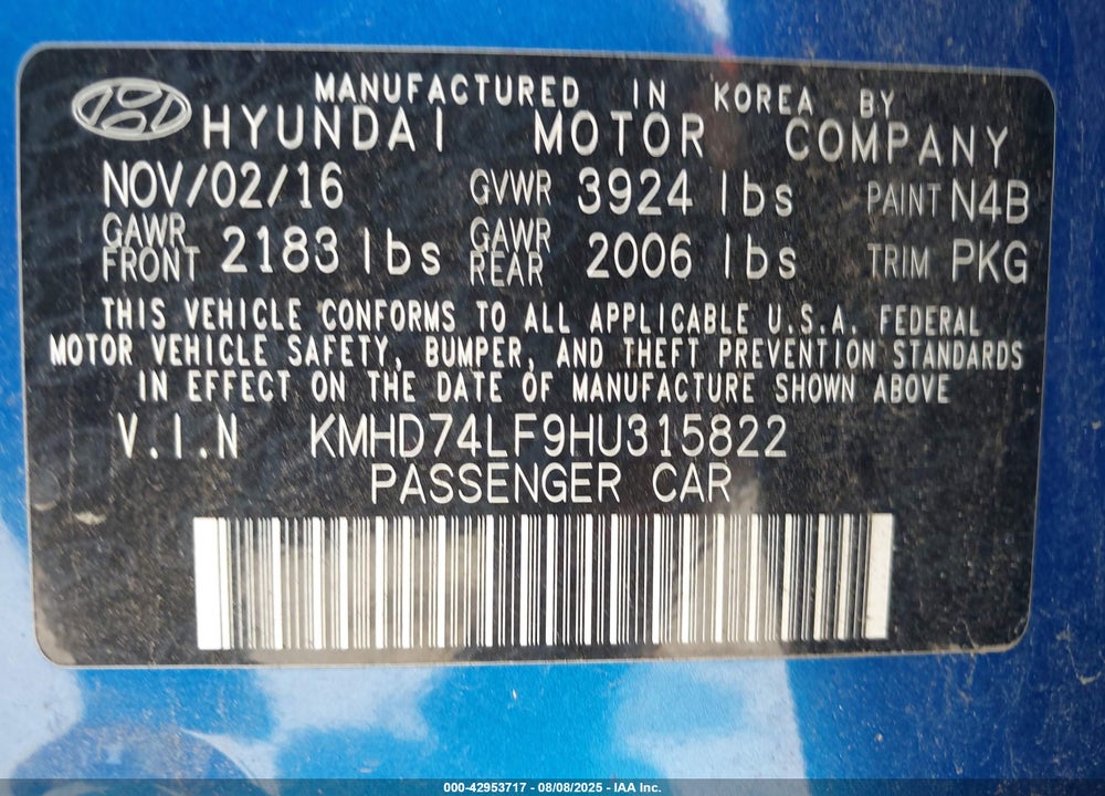 2017 HYUNDAI ELANTRA VIN: KMHD74LF9HU315822