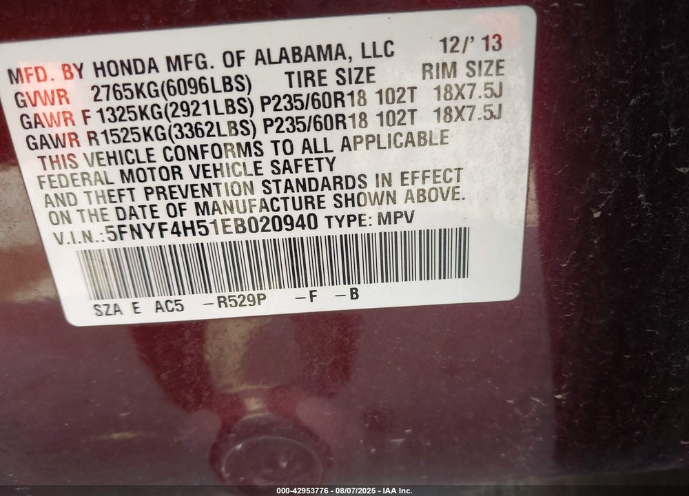 2014 HONDA PILOT VIN: 5FNYF4H51EB020940