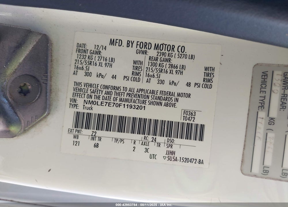 2015 FORD TRANSIT CONNECT XL VIN: NM0LE7E70F1193201