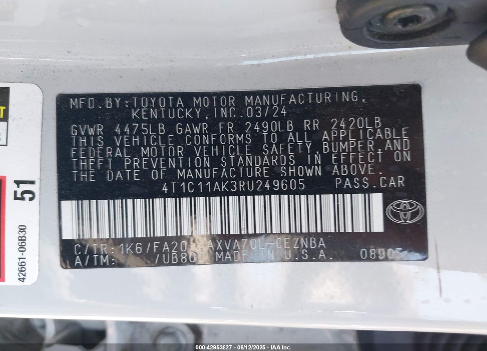2024 TOYOTA CAMRY VIN: 4T1C11AK3RU249605