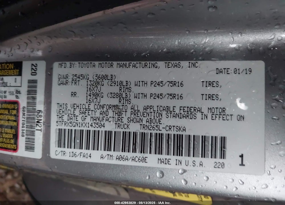 2019 TOYOTA TACOMA VIN: 5TFRX5GN1KX143504