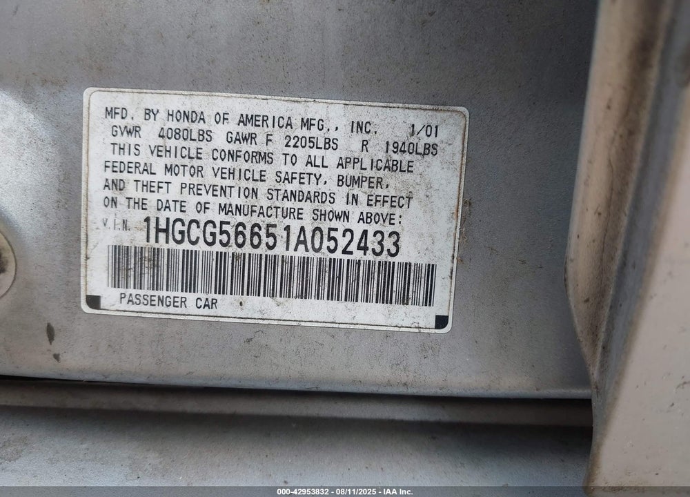 2001 HONDA ACCORD 2.3 EX VIN: 1HGCG56651A052433