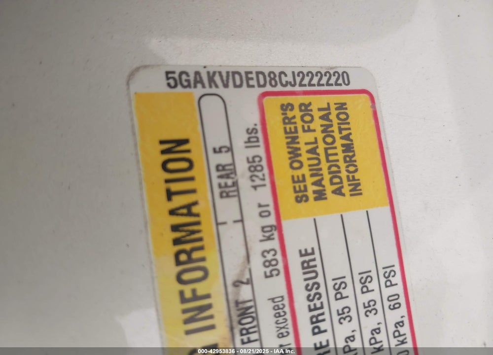 2012 BUICK ENCLAVE VIN: 5GAKVDED8CJ222220