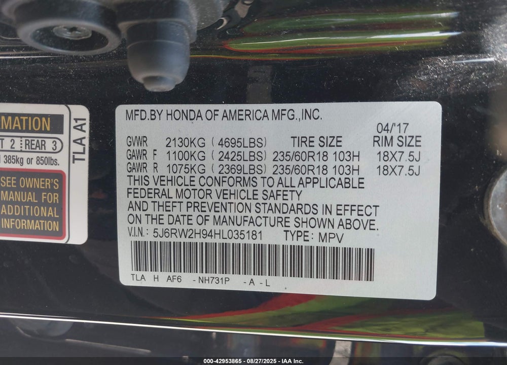 2017 HONDA CR-V VIN: 5J6RW2H94HL035181