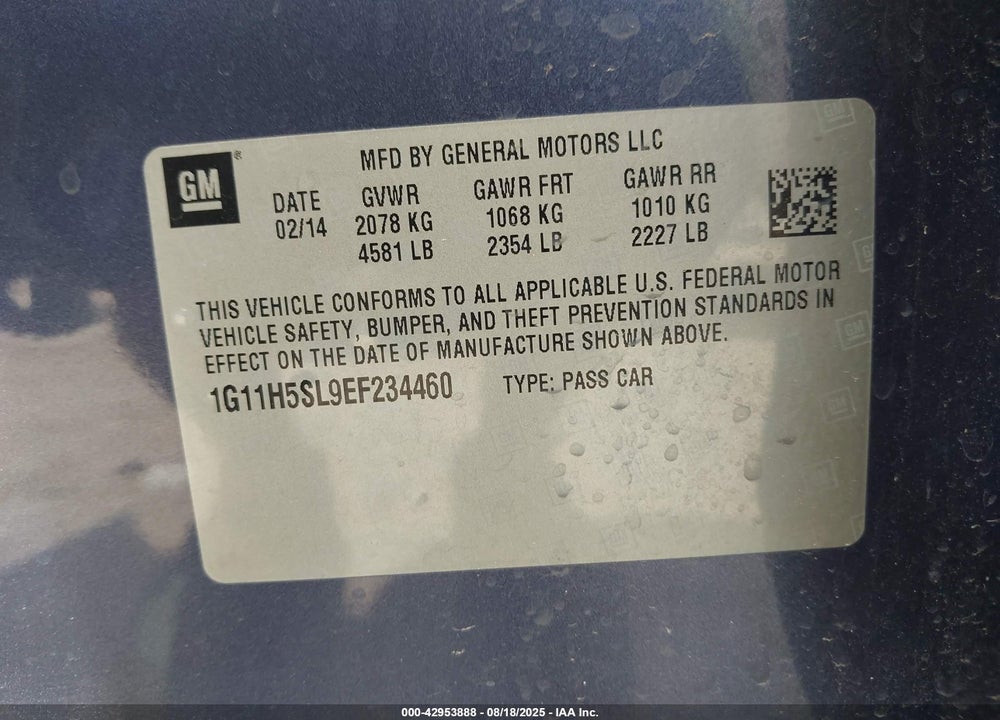 2014 CHEVROLET MALIBU VIN: 1G11H5SL9EF234460