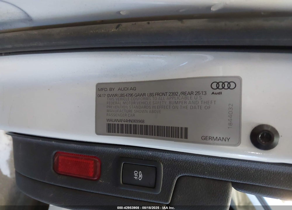2017 AUDI A4 VIN: WAUANAF44HN069968