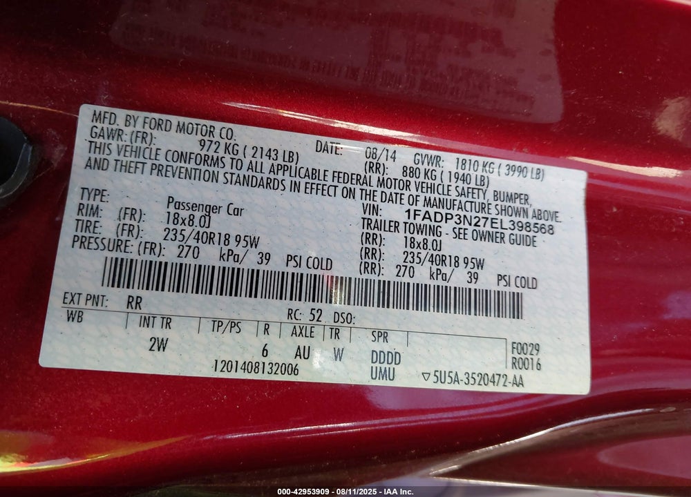 2014 FORD FOCUS VIN: 1FADP3N27EL398568