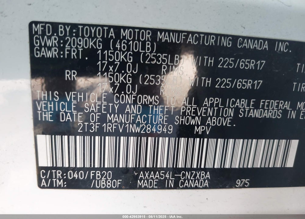 2022 TOYOTA RAV4 VIN: 2T3F1RFV1NW284949