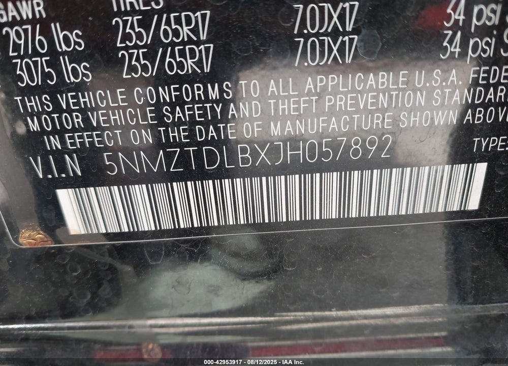 2018 HYUNDAI SANTA FE VIN: 5NMZTDLBXJH057892