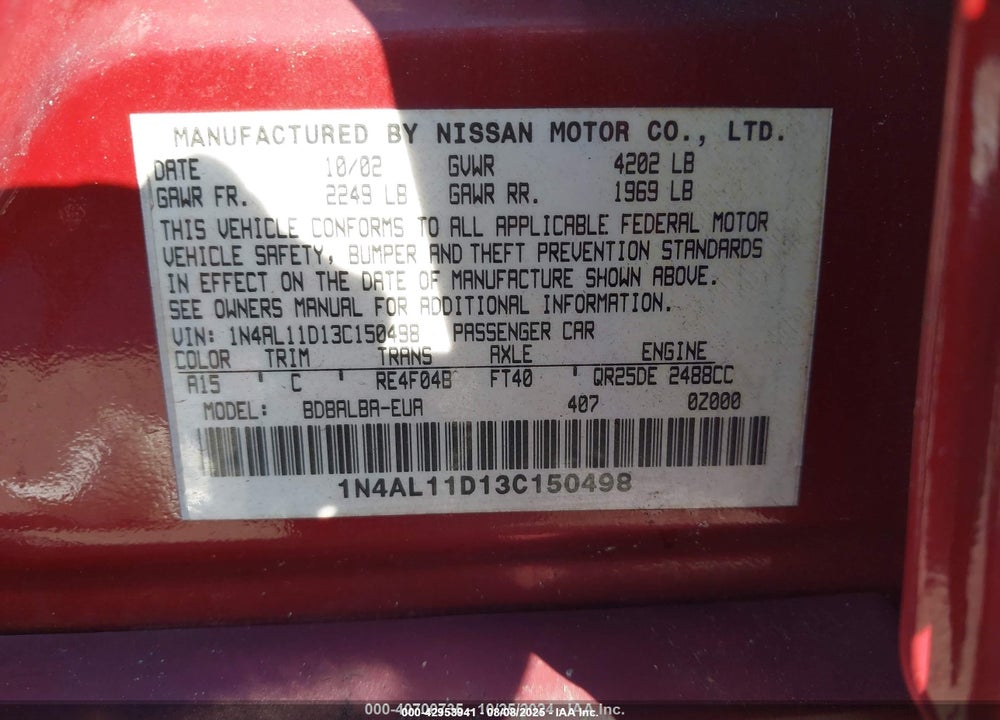 2003 NISSAN ALTIMA 2.5 S VIN: 1N4AL11D13C150498