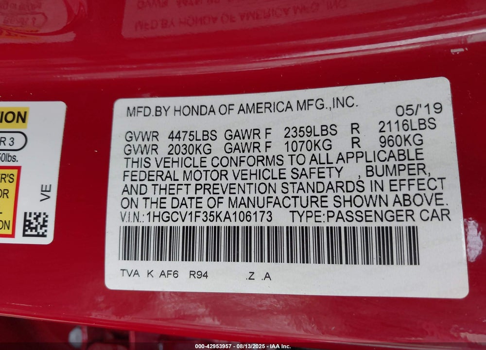 2019 HONDA ACCORD VIN: 1HGCV1F35KA106173